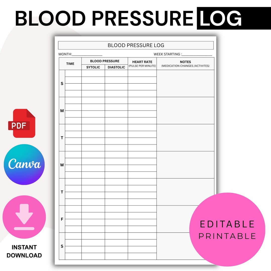 Blood Pressure Log Printable PDF, Printable Blood Pressure Tracker ...