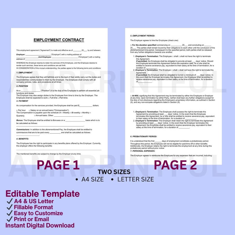 Editable Employment Contract Template: HR Employee Service Agreement ...