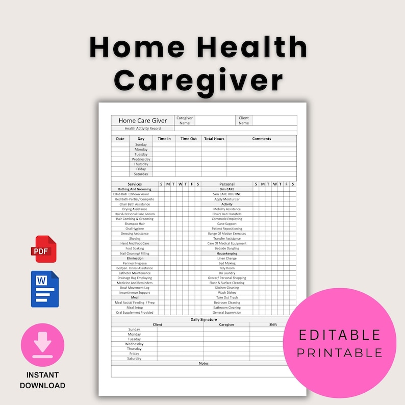 Home Health Caregiver Log Sheet | Daily Care Report, Task Checklist ...
