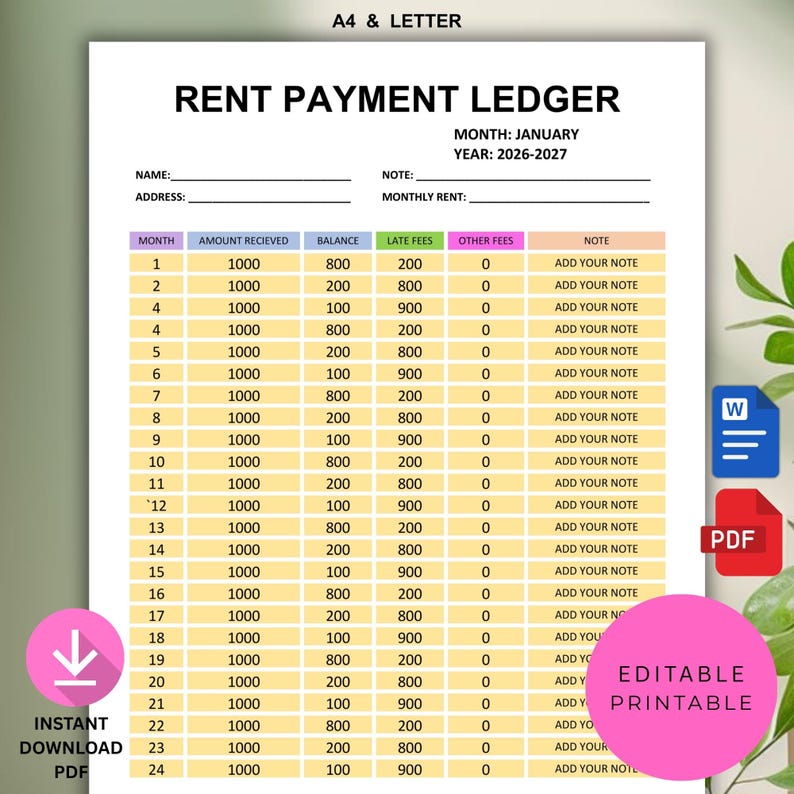 Editable Rent Ledger Template | Printable Monthly Payment Tracker (pdf ...