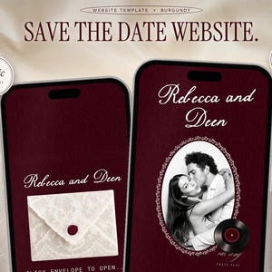 May include: A burgundy website template for a Save the Date announcement displayed on two smartphones. The screens feature the text Rebecca and Deen, a black and white photo in an oval frame, a lace envelope graphic, and circular icons labeled Music, RSVP, Countdown, and Envelope.