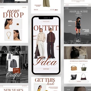 Può includere: Una raccolta di immagini promozionali a tema moda. Le immagini mostrano vari outfit, accessori e ispirazioni di stile. Il testo include "New Drop", "Outfit Idea", "Festival Outfit Ideas", "Everyday Essentials" e "Winter Essentials Deals".