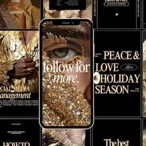 Op de afbeelding: Een verzameling social media marketing graphics in goud en zwart. Eén graphic toont een oog met gouden glitter en de tekst "follow for more". Andere graphics bevatten tekst zoals "Peace & Love this Holiday Season."