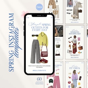 Peut inclure: Un smartphone affiche des idées de tenues de printemps. L'écran présente une veste jaune, un pantalon gris, un sac à main bordeaux et des baskets rouges. Le texte indique "Simple Spring Outfits for Every Day". D'autres propositions de tenues sont affichées.