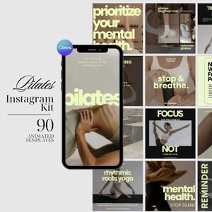 90 Editable Pilates and Wellness Instagram Templates Bundle for Canva including Stories and Posts for fitness coaches.