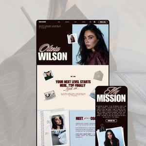 Digital scrapbooking style website design for personal brands, featuring elements like torn paper, paper clips, vinyl records, and film strips within Canva.