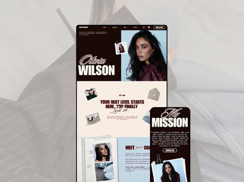Digital scrapbooking style website design for personal brands, featuring elements like torn paper, paper clips, vinyl records, and film strips within Canva.