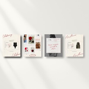 May include: Four square cards with fashion-related images and text. The cards are arranged in a row against a white background. The first card says "Unboxing" and features a black bodysuit. The second card has a collage of images. The third card says "LTK" and "Never compare yourself to others." The fourth card says "New Arrival."