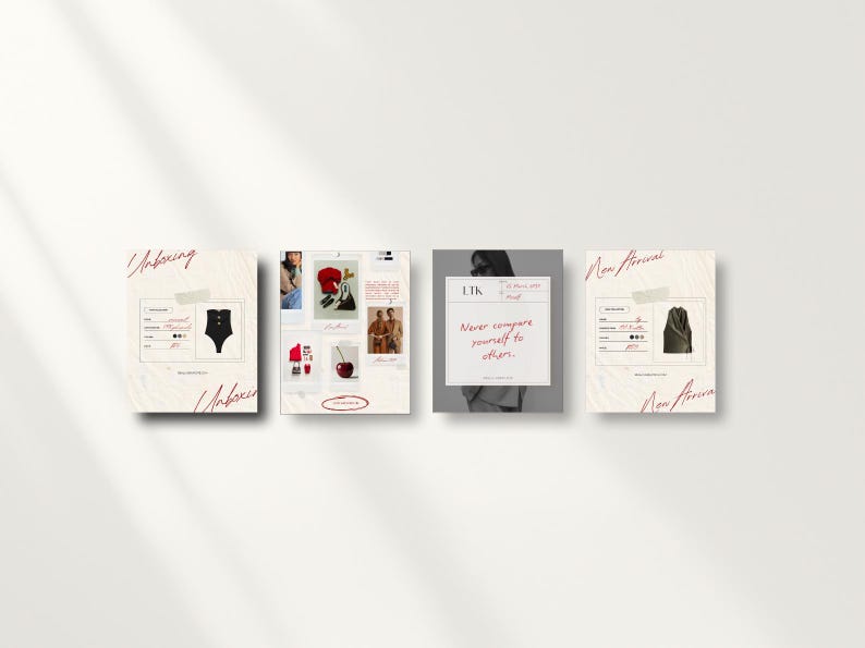 May include: Four square cards with fashion-related images and text. The cards are arranged in a row against a white background. The first card says "Unboxing" and features a black bodysuit. The second card has a collage of images. The third card says "LTK" and "Never compare yourself to others." The fourth card says "New Arrival."