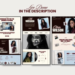 Trendy "That Girl" aesthetic website template for female entrepreneurs, showing a personal branding layout with layered paper and vintage film elements.