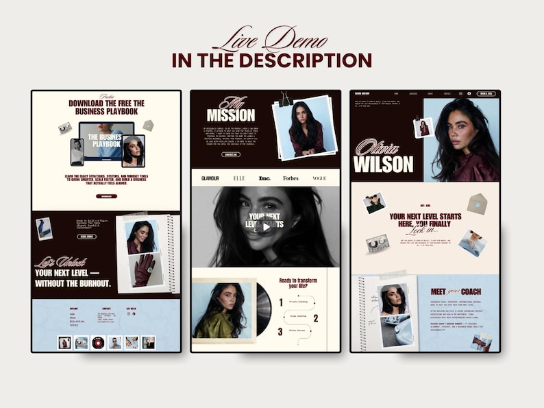 Trendy "That Girl" aesthetic website template for female entrepreneurs, showing a personal branding layout with layered paper and vintage film elements.