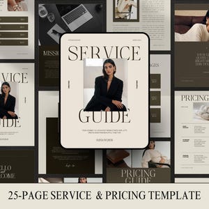 May include: A digital marketing template with a beige and dark brown color scheme. The design includes the words "SERVICE GUIDE" and "PRICING GUIDE" in large font. The template features images of a woman in a black blazer and a laptop.