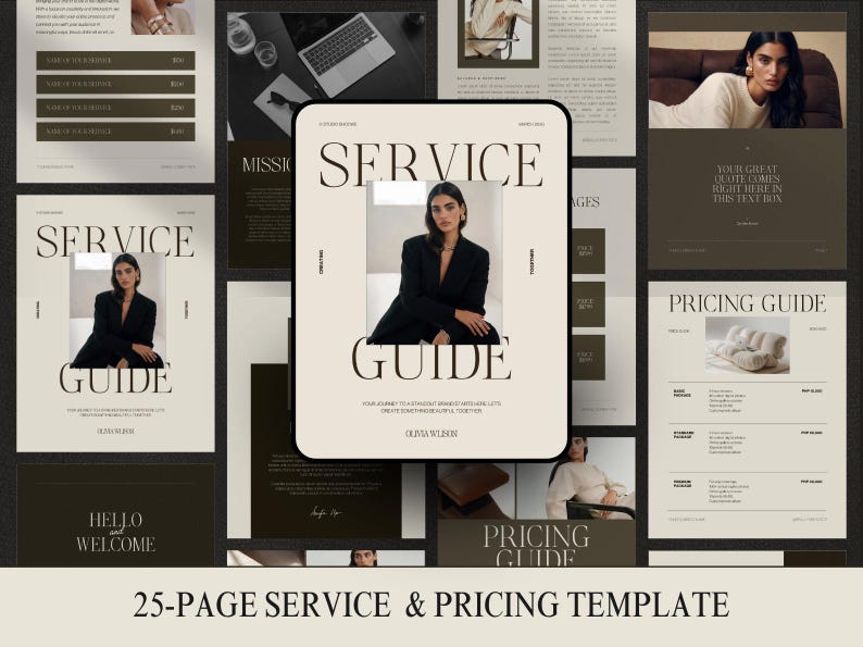 25-page Services and Pricing Guide Canva Template for coaches and SMM agencies in editorial style.