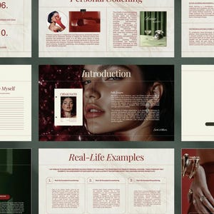 Puede incluir: Un collage de diseño en tonos rojo oscuro y crema, con texto, un retrato de mujer y ejemplos de coaching personal. El texto incluye las palabras "Introduction" y "Real-Life Examples".