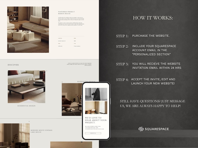 Minimal editorial Squarespace template for interior designers with home, services, projects, about and journal pages