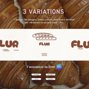 Puede incluir: Imagen que muestra tres variaciones de un diseño de logotipo de panadería. El logotipo presenta la palabra "FLUR" en marrón, con las palabras "Bakery" y "Coffee" debajo. La imagen también incluye el texto "3 VARIATIONS" y "Customize in free".