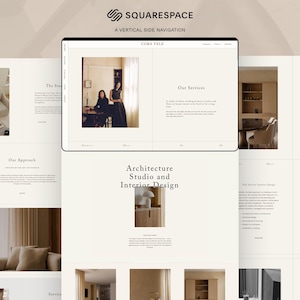 Könnte beinhalten: Eine Squarespace-Website-Vorlagenschnittstelle mit einem vertikalen Seitennavigationslayout. Das Design zeigt eine neutrale Farbpalette mit Serifentypografie und präsentiert Abschnitte mit den Titeln Our Services, Architecture Studio and Interior Design.