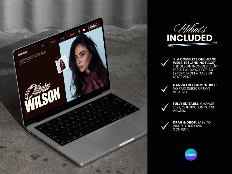 Detail of a coaching website template in Canva displaying "My Mission" and "Services" sections with a unique scrapbook design and washi tape accents.