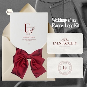 May include: A wedding and event planner logo kit. The image shows a cream envelope with a burgundy bow, and cards with logos and text: "Weddings & Events" and "The Event Society". The background is a blurred image of a champagne glass.
