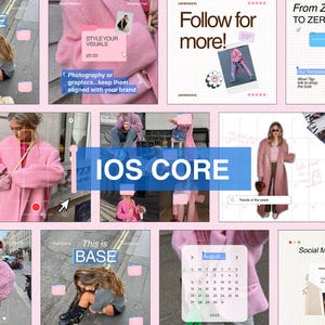 Puede incluir: Un collage de publicaciones en redes sociales con temática rosa y superposiciones de texto. Las publicaciones incluyen frases como "This is BASE", "STYLE YOUR VISUALS" y "Follow for more!" El texto central dice "IOS CORE."