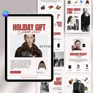 Könnte beinhalten: Ein digitales Tablet zeigt einen Urlaubsgeschenke-Guide für 2023, mit einer Frau in einem Pelzmantel. Der Guide enthält Abschnitte zu Mode, Beauty und Accessoires, mit Text wie "Finde unter 100 €" und "Amazon Beauty Finds".
