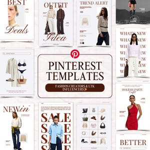 Peut inclure: Ensemble de modèles Pinterest pour créateurs de mode et influenceurs. Les modèles présentent des idées de tenues, des alertes de tendances et des promotions de soldes. La palette de couleurs comprend des tons blancs, beiges et bruns, avec des images de vêtements et d'accessoires.