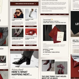 Puede incluir: Un collage de im&aacute;genes en tonos rojos y crema. Las im&aacute;genes incluyen una mujer con gafas de sol y guantes rojos, zapatos rojos, un tel&eacute;fono rojo de disco y texto que dice "&iexcl;Est&aacute;s invitado!" y "&iquest;Somos compatibles?". El tema parece estar relacionado con la moda y los negocios.