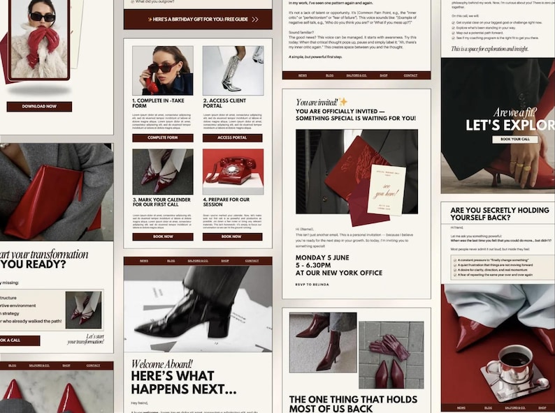 Puede incluir: Un collage de im&aacute;genes en tonos rojos y crema. Las im&aacute;genes incluyen una mujer con gafas de sol y guantes rojos, zapatos rojos, un tel&eacute;fono rojo de disco y texto que dice "&iexcl;Est&aacute;s invitado!" y "&iquest;Somos compatibles?". El tema parece estar relacionado con la moda y los negocios.