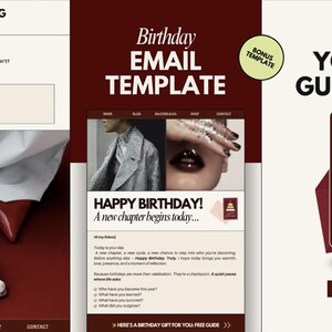 Puede incluir: Gr&aacute;fico de marketing digital para una plantilla de correo electr&oacute;nico de cumplea&ntilde;os. El dise&ntilde;o presenta un fondo burdeos con el texto "Birthday EMAIL TEMPLATE" y "HAPPY BIRTHDAY! A new chapter begins today..." La imagen incluye una plantilla de bonificaci&oacute;n.