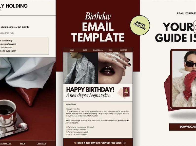 Puede incluir: Gr&aacute;fico de marketing digital para una plantilla de correo electr&oacute;nico de cumplea&ntilde;os. El dise&ntilde;o presenta un fondo burdeos con el texto "Birthday EMAIL TEMPLATE" y "HAPPY BIRTHDAY! A new chapter begins today..." La imagen incluye una plantilla de bonificaci&oacute;n.