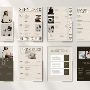 Pu&ograve; includere: Una raccolta di otto pagine stampate beige e marroni, con testo e immagini. Le pagine includono le parole "Services & Price Guide", "Pricing Guide" e "The Essentials Package". Le pagine contengono anche immagini di una donna, borse e altri accessori.