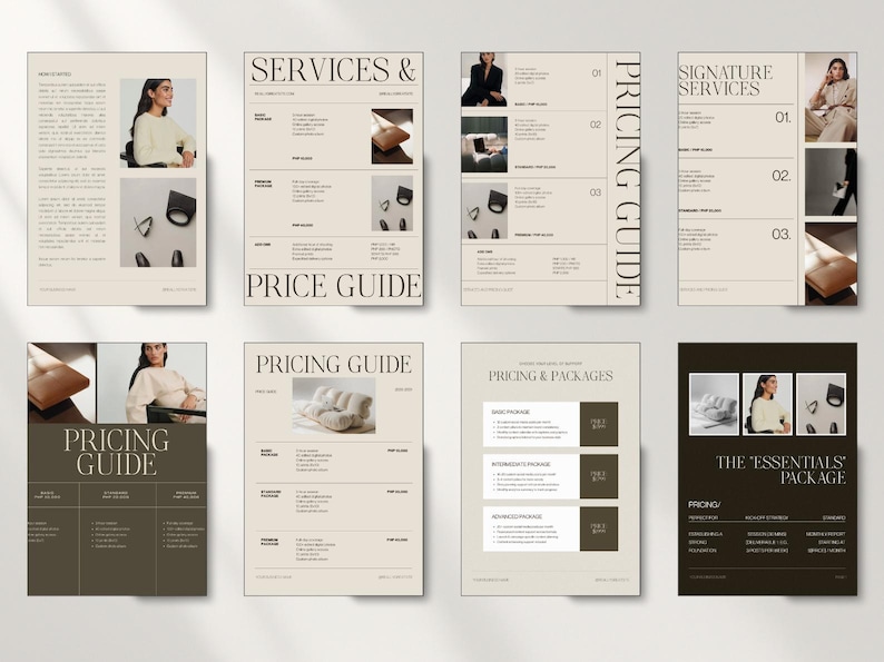 Pu&ograve; includere: Una raccolta di otto pagine stampate beige e marroni, con testo e immagini. Le pagine includono le parole "Services & Price Guide", "Pricing Guide" e "The Essentials Package". Le pagine contengono anche immagini di una donna, borse e altri accessori.