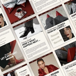 Puede incluir: Una colecci&oacute;n de maquetas de sitios web con un esquema de color rojo y crema. Las p&aacute;ginas presentan im&aacute;genes de moda, texto y un retrato de mujer. El texto incluye "STORIES FROM MY CLIENTS" y "LET'S EXPLORE!"