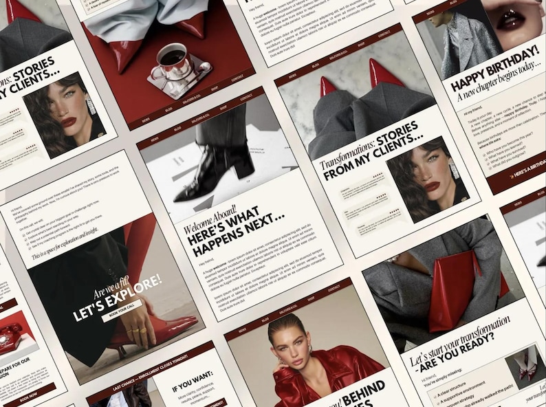Puede incluir: Una colecci&oacute;n de maquetas de sitios web con un esquema de color rojo y crema. Las p&aacute;ginas presentan im&aacute;genes de moda, texto y un retrato de mujer. El texto incluye "STORIES FROM MY CLIENTS" y "LET'S EXPLORE!"