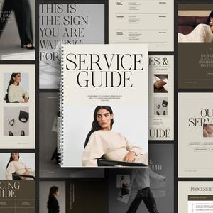 May include: A layout featuring a spiral-bound "SERVICE GUIDE" with a woman in a cream-colored top. Surrounding pages include text, images, and the phrases "THIS IS THE SIGN YOU ARE WAITING FOR" and "PRICING GUIDE". The color palette is neutral with shades of beige and brown.