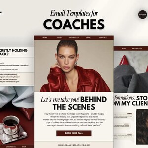 Puede incluir: Plantillas de correo electr&oacute;nico para coaches. La imagen presenta un dise&ntilde;o con el texto "Email Templates for COACHES" en la parte superior. El dise&ntilde;o incluye una mujer con una chaqueta roja y el texto "Let's me take you! BEHIND THE SCENES".
