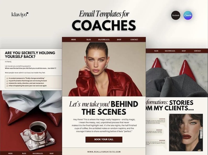 Puede incluir: Plantillas de correo electr&oacute;nico para coaches. La imagen presenta un dise&ntilde;o con el texto "Email Templates for COACHES" en la parte superior. El dise&ntilde;o incluye una mujer con una chaqueta roja y el texto "Let's me take you! BEHIND THE SCENES".