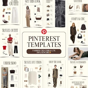 Może przedstawiać: Zbiór szablonów Pinterest dla twórców mody i influencerów. Szablony prezentują różne pomysły na stylizacje, akcesoria podróżne i niezbędne przedmioty, z tekstem takim jak "Fall Outfit", "Travel Outfit" i "Under $100".