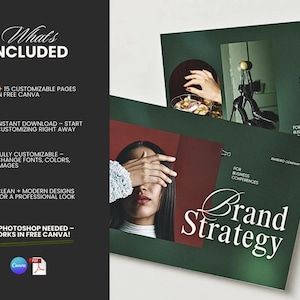Overview of 15 strategic slides including mission statement, marketing roadmap, annual review, and brand guidelines layouts