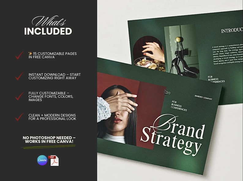 Overview of 15 strategic slides including mission statement, marketing roadmap, annual review, and brand guidelines layouts