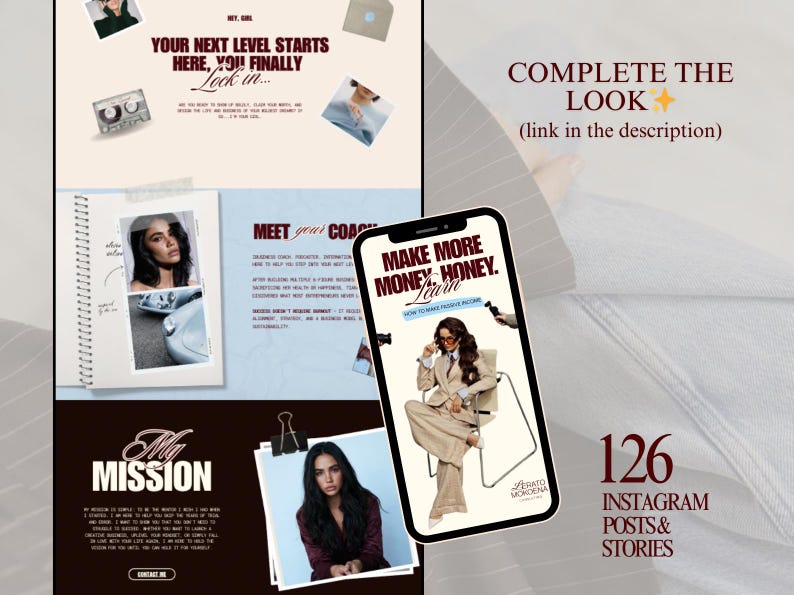 Moody and sophisticated retro website design in Canva using dark academia colors, warm browns, and muted blues for a high-end brand feel.