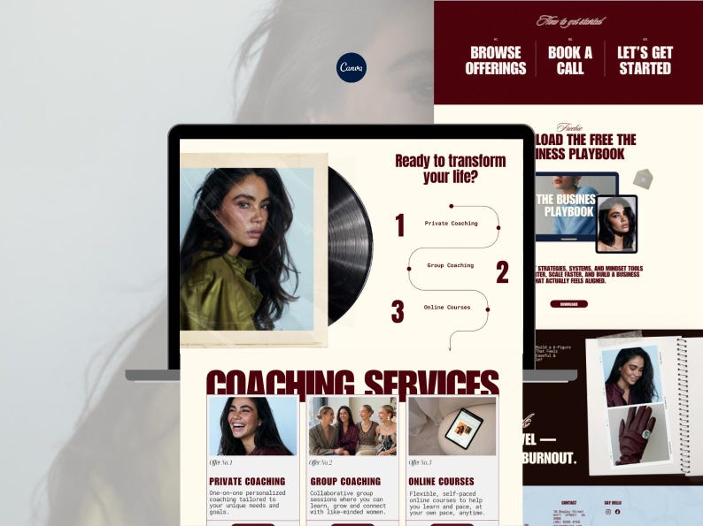 Editable Canva landing page template showing lead magnet signup section with tablet and phone mockups, designed for growing an email list.