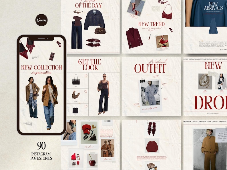 Minimalist Influencer Templates for Canva featuring fashion blogger collage layouts. Perfect for LTK and Instagram feed planning.