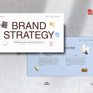May include: A digital presentation titled "BRAND STRATEGY" with the tagline "Defining Our Brand's Future." The design includes a grid background, sticky notes, and icons. A second slide shows "Purpose" with "Mission" and "Vision" sections. The image also includes PDF and Canva icons.