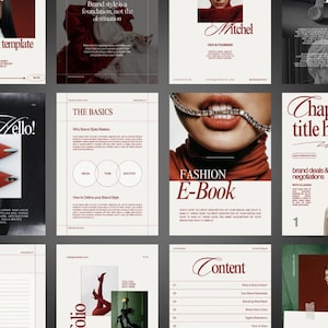 May include: A collection of digital book templates with a minimalist design. The covers feature images of a woman, a statue, and fashion-related imagery. Text includes "Book template", "Fashion E-Book", and "Chapter title here."