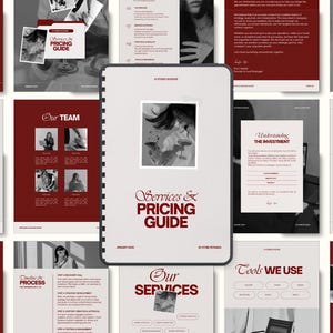 May include: A spiral-bound booklet titled "Services & Pricing Guide" with a grayscale photo of a person holding a cocktail. The cover is white with burgundy text. Surrounding pages detail services, team, and investment.