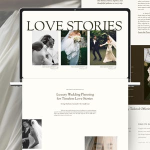 以下が含まれることがあります： LOVE STORIESというタイトルのウェブサイトを表示するノートパソコンの画面。結婚式の写真、高級ウェディングプランニングに関するテキスト、白いウェディングドレスとベールを身に着けた人物の写真を含むオーダーメイドのサービスセクションが表示されています。