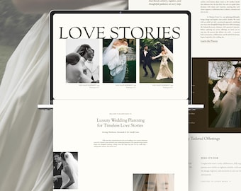 May include: A laptop screen displaying a website titled LOVE STORIES, featuring wedding photography, text about luxury wedding planning, and a section for tailored offerings with a photograph of a person in a white wedding dress and veil.