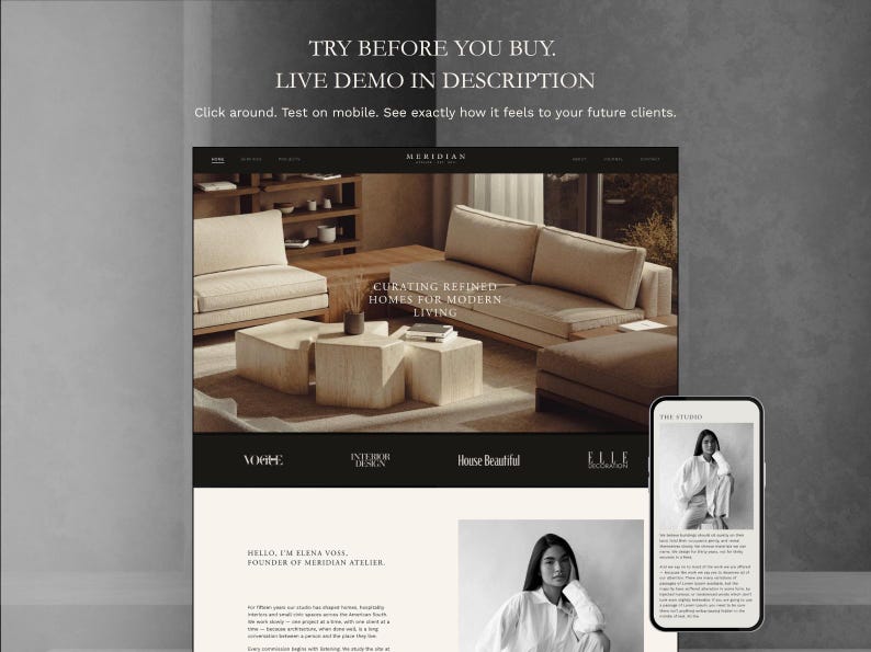 Squarespace portfolio page template for interior designers showcasing curated residential design projects