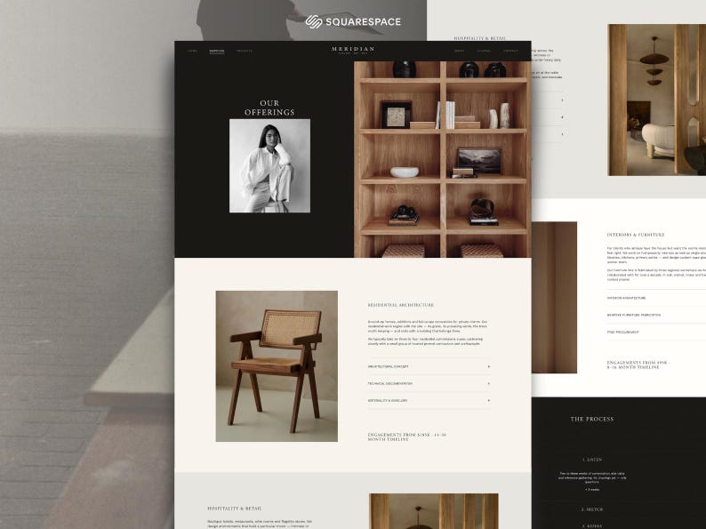 Mobile-first Squarespace template for interior designers and architecture studios shown on three phones